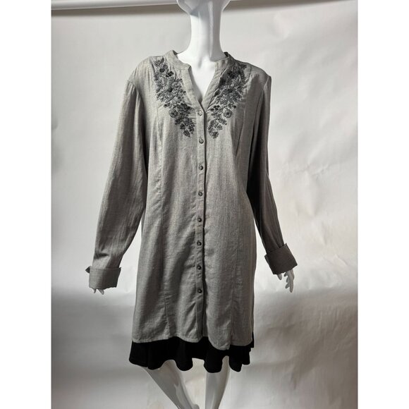 Coldwater Creek XL Embroidered Button-Front Tunic Top Gray 100% Cotton Long Slee - Picture 10 of 16